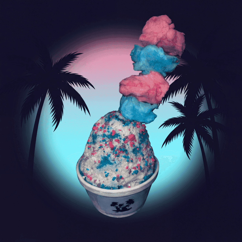 Cotton Candy from Zogi's Shaved Ice & Lemonade — Cotton candy puff stack atop sprinkle-speckled shaved ice — sweet and dreamy