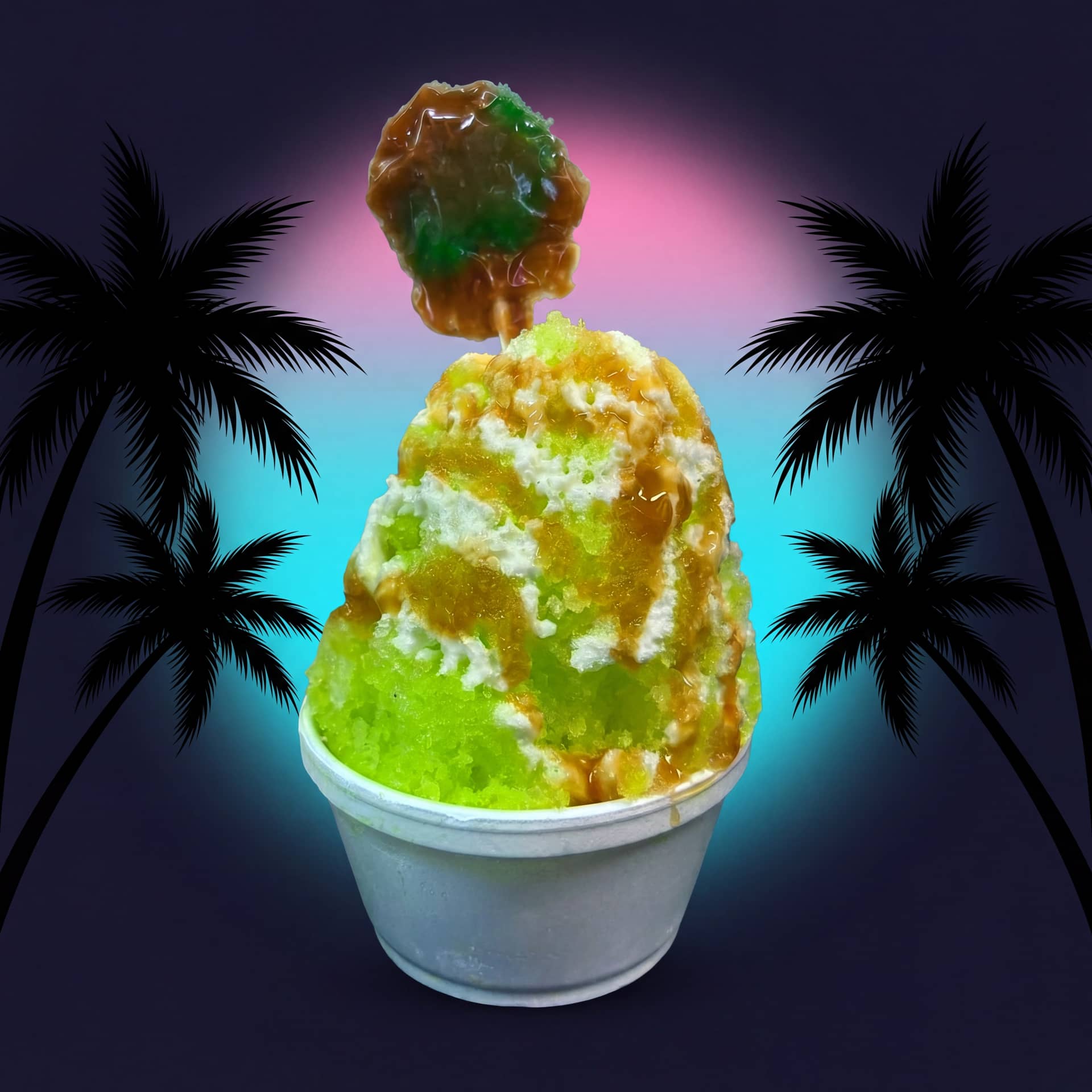 Frosted Caramel Apple from Zogi's Shaved Ice & Lemonade — Bright green apple shaved ice with caramel drizzle and a caramelized apple topper
